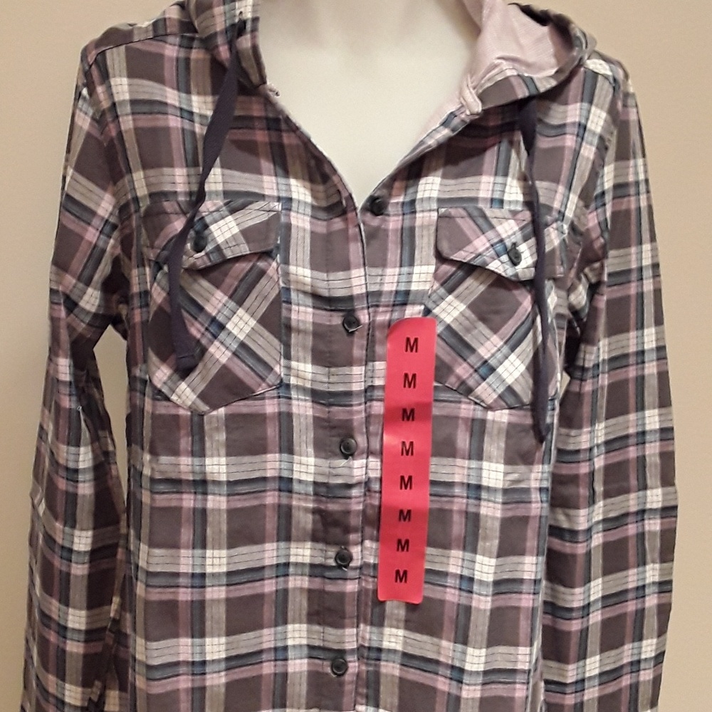 NWT Boston Traders plaid button tie string hoodie,pink teal grey
